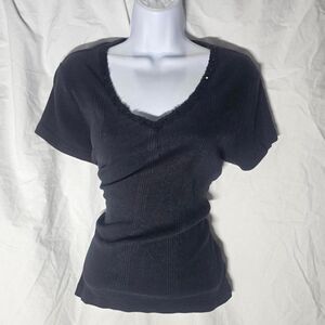 Vintage y2k 90s grunge goth black beaded v  neck tee